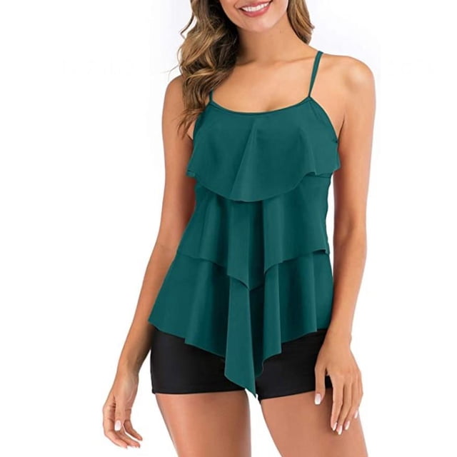 Women's Two Pieces Ruffles Flounce Layered Swimwear with Boy Legs Shorts Ruffles Plus Size Swimwear Bathing Suit,XL