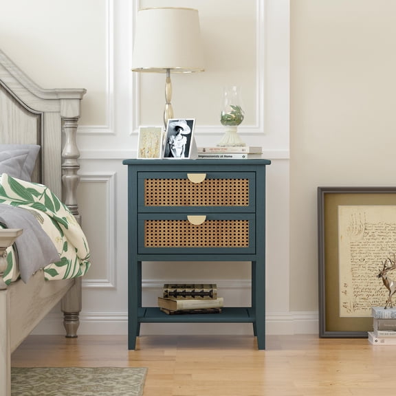 UBesGoo Night Stands for Bedroom with 2 Drawer, Bedside End Tables with Storage Shelf,Green