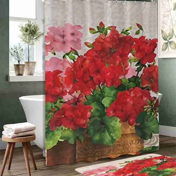 70x70 inches Red Floral Potted Plant Shower Curtain, Waterproof Polyester Fabric with Hooks for Bathroom Decor