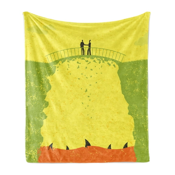 Grunge Soft Flannel Fleece Throw Blanket, 2 Men Shaking Hands and Sharks Under the Bridge Business Murky Illustration, Cozy Plush for Indoor and Outdoor Use, 60" x 80", Yellow Green, by Ambesonne