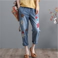 thumbnail image 1 of Pantalones vaqueros de mujer de primavera y otoño con bordado artístico roto, pantalones capri de mujer con cintura alta elástica, pantalones vaqueros holgados de talla grande para mujer, 1 of 6