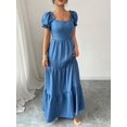thumbnail image 6 of Womens Blue Square Neckline Tiered Maxi Dress With Puff Sleeves Casual, 6 of 6