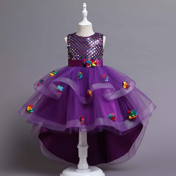 Wavsuf Flower Girls Dress Nets Sequins Purple Princess Dress Size 9-10 Years