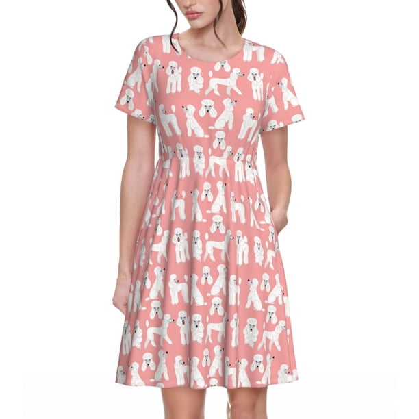 Disketp Cute Poodle Dog para Vestido de Manga Corta para Mujeres, Vestidos de Verano para Mujeres, Casual y Holgado para la Playa