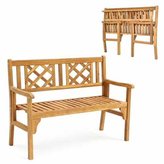 Furnibear Patio Foldable Bench Outdoor Acacia Wood Garden Bench with Curved Backrest and Armrest for Porch Deck Yard 2 Person Seating, Teak
