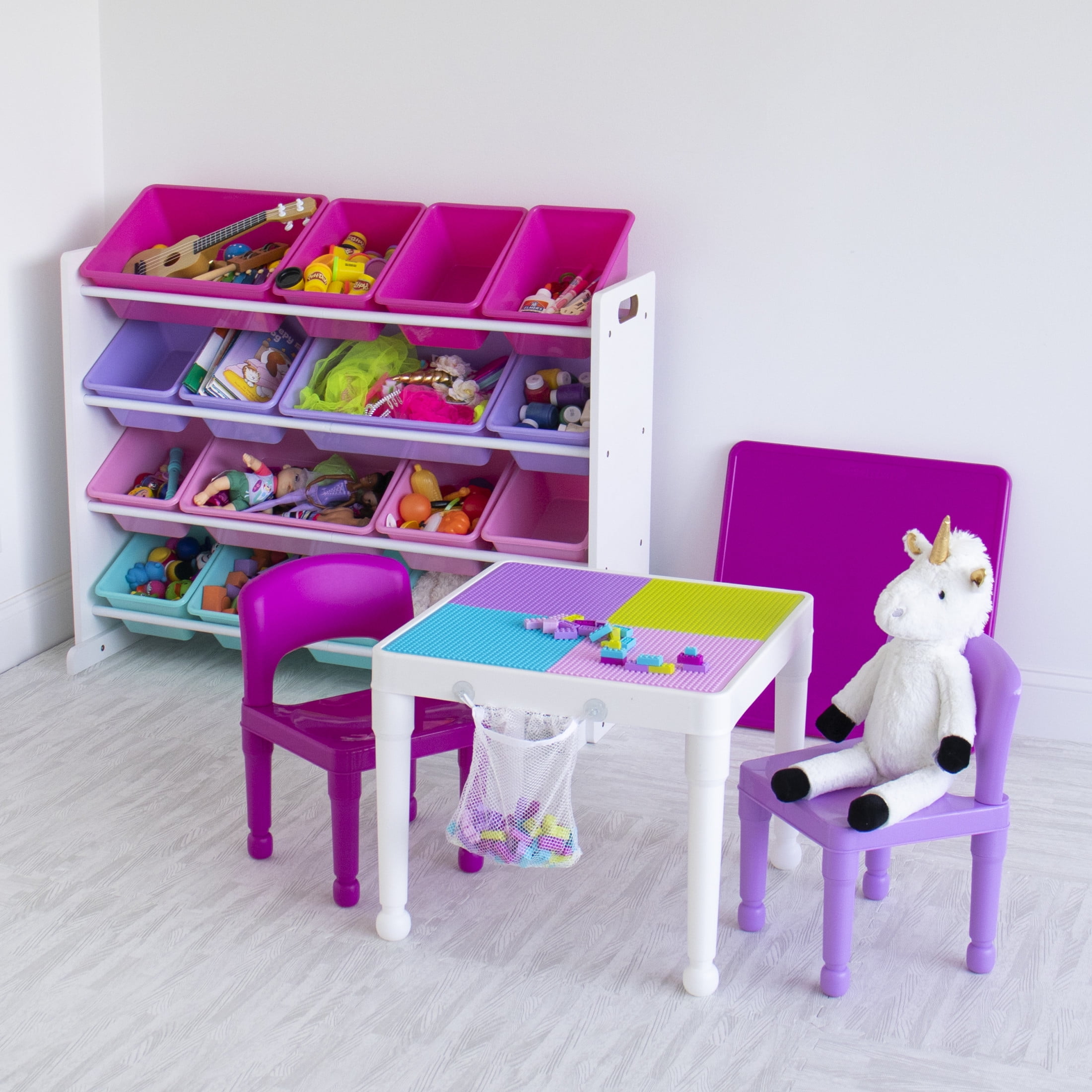 Humble Crew Storage Organizer with 16 Plastic Bins for Kids & Toddlers, White/Blue/Pink/Purple