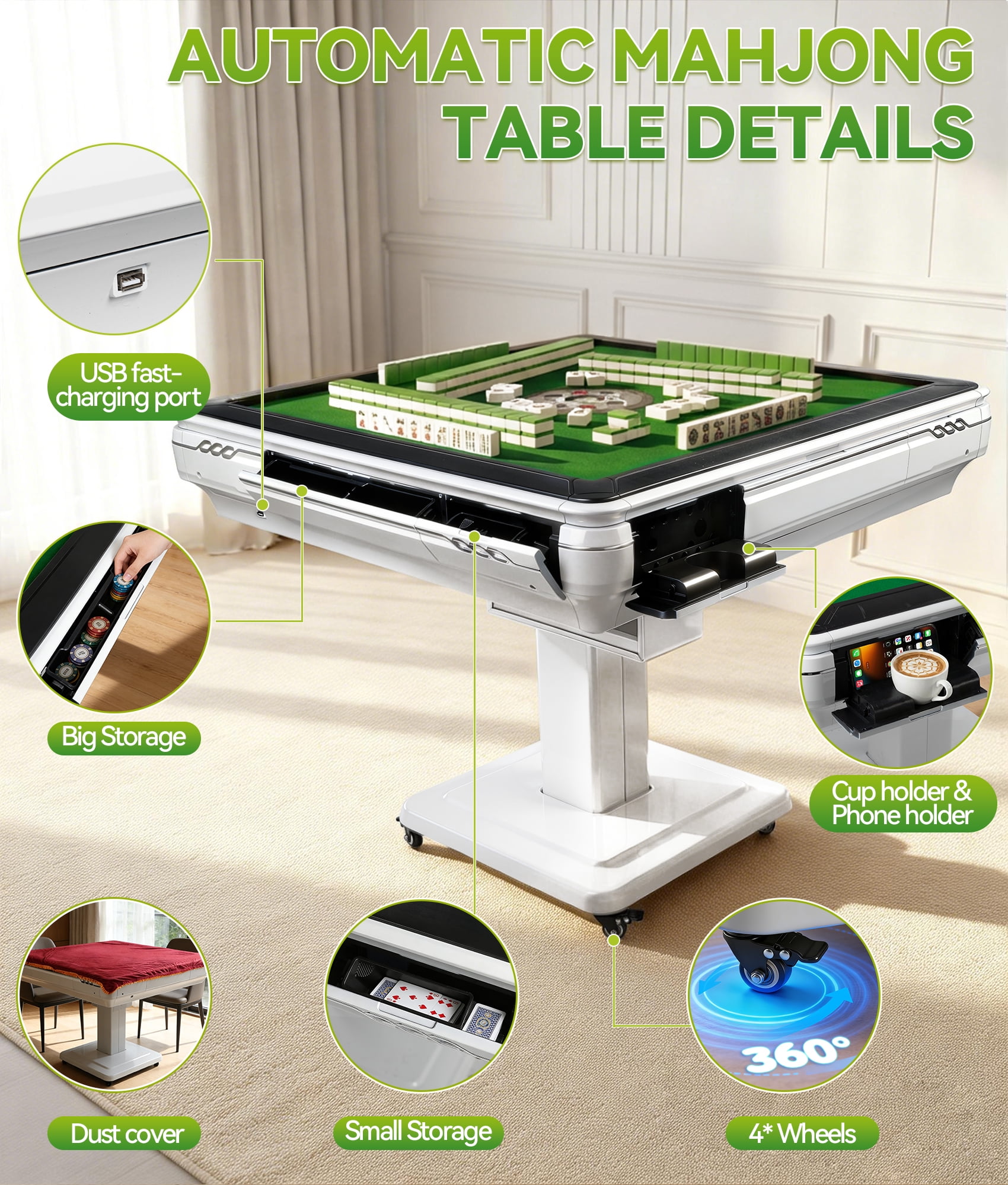 STICCIO Automatic Mahjong Table 144 Tiles, 40.55'' Foldable Mahjong Table Auto Shuffle Silent Motor, USB Port 4 Wheels, for Home and Business
