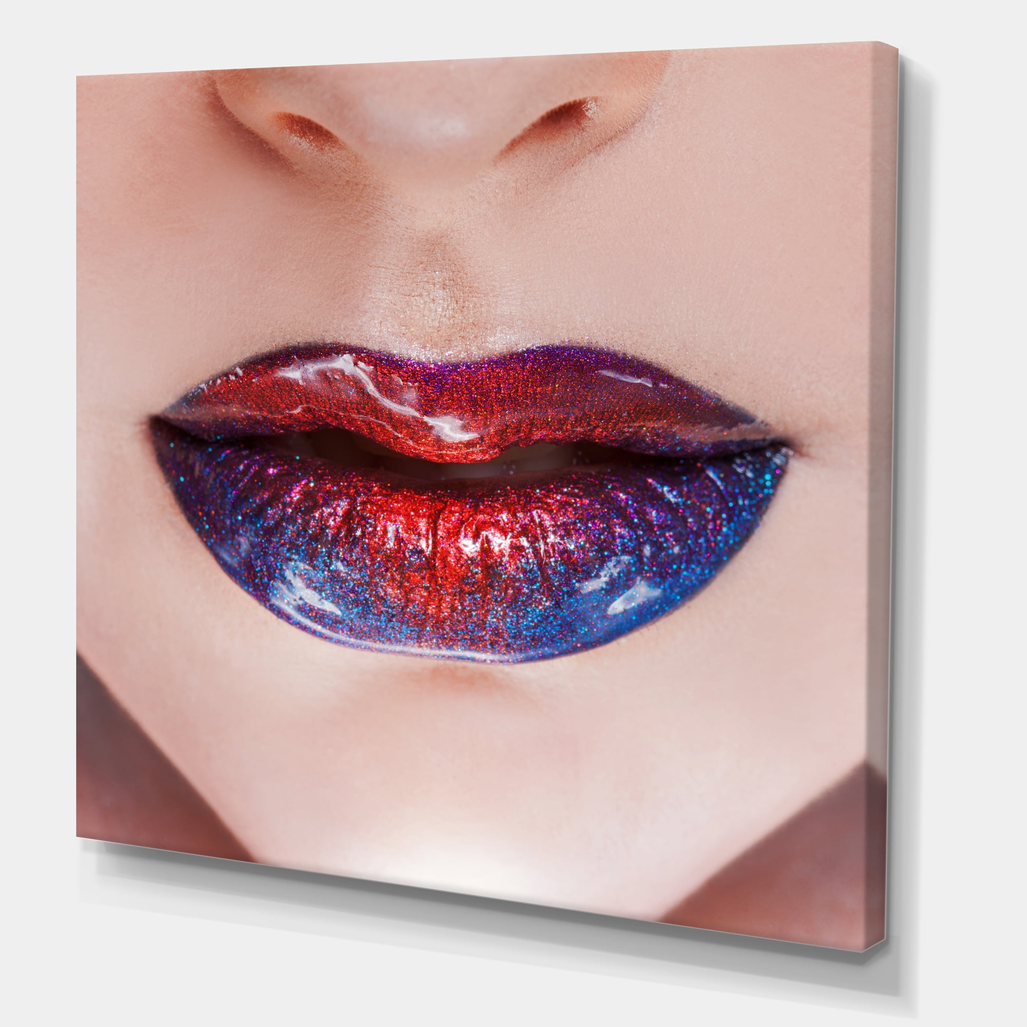 Designart ' Beautiful Women Lips With Red and Blue Lipstick ' Modern Canvas Wall Art Print