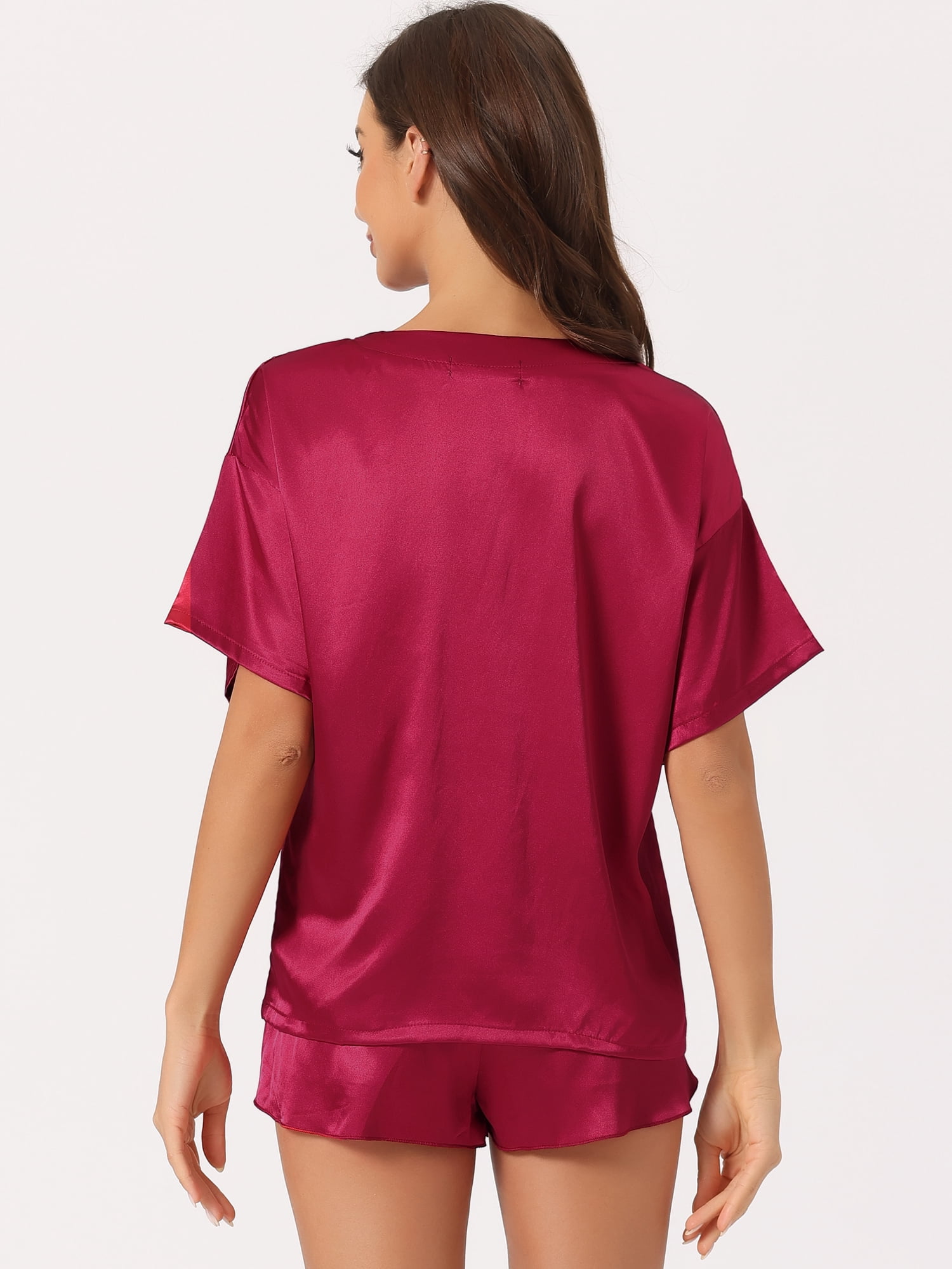 DARING DIVA Women's Satin Pajama Pullover T-shirt with Shorts Lounge Sets M Burgundy