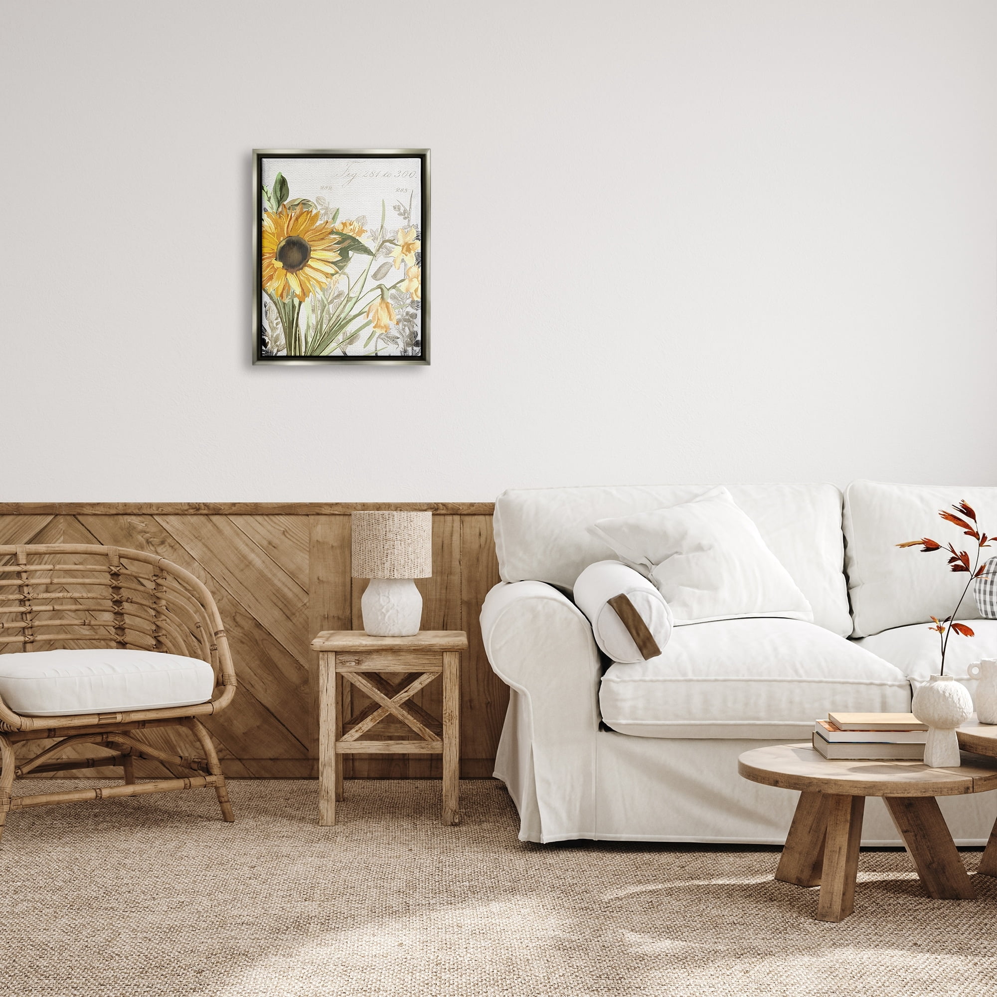 Stupell Industries Soft Sunflower Floral over Vintage Plant Illustration Luster Gray Framed Floating Canvas Wall Art, 16x20, by Kim Allen