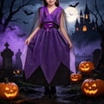 thumbnail image 2 of Virmaxy Halloween Costume Witch Dress V Neck Sheer Flutter Sleeve Maxi Skirt Adjustable Waist with Hat for Cosplay Party Sizes 2-12 Years, Purple, 2 of 9