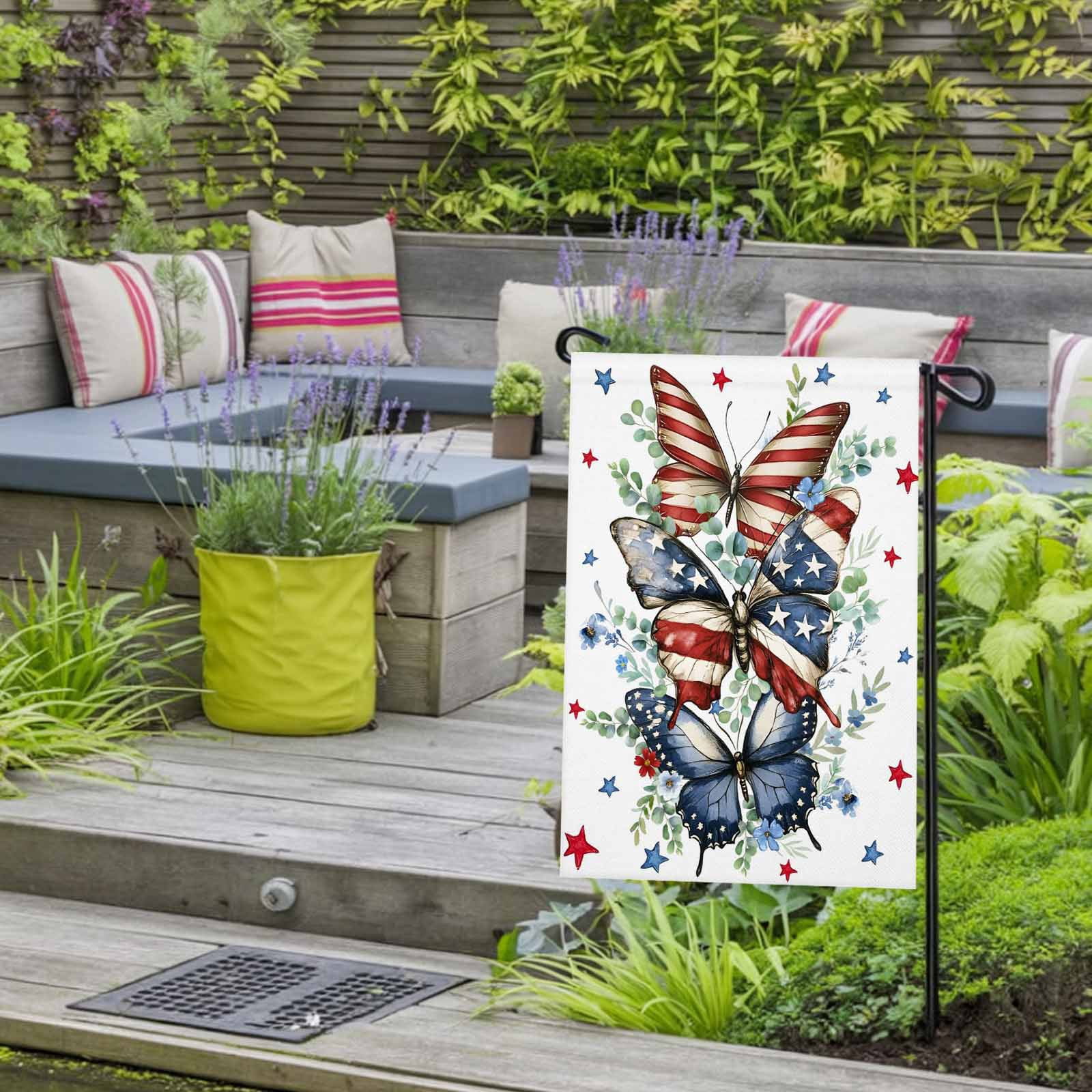 4th of July Garden Flags Red Blue Stars Butterfly Garden Flag Double Sided Welcome Flag Eucalyptus Leaves Independence Day Yard Flags for Outdoor Lawn Porch Memorial Day Holiday Decor 28x40 Inch