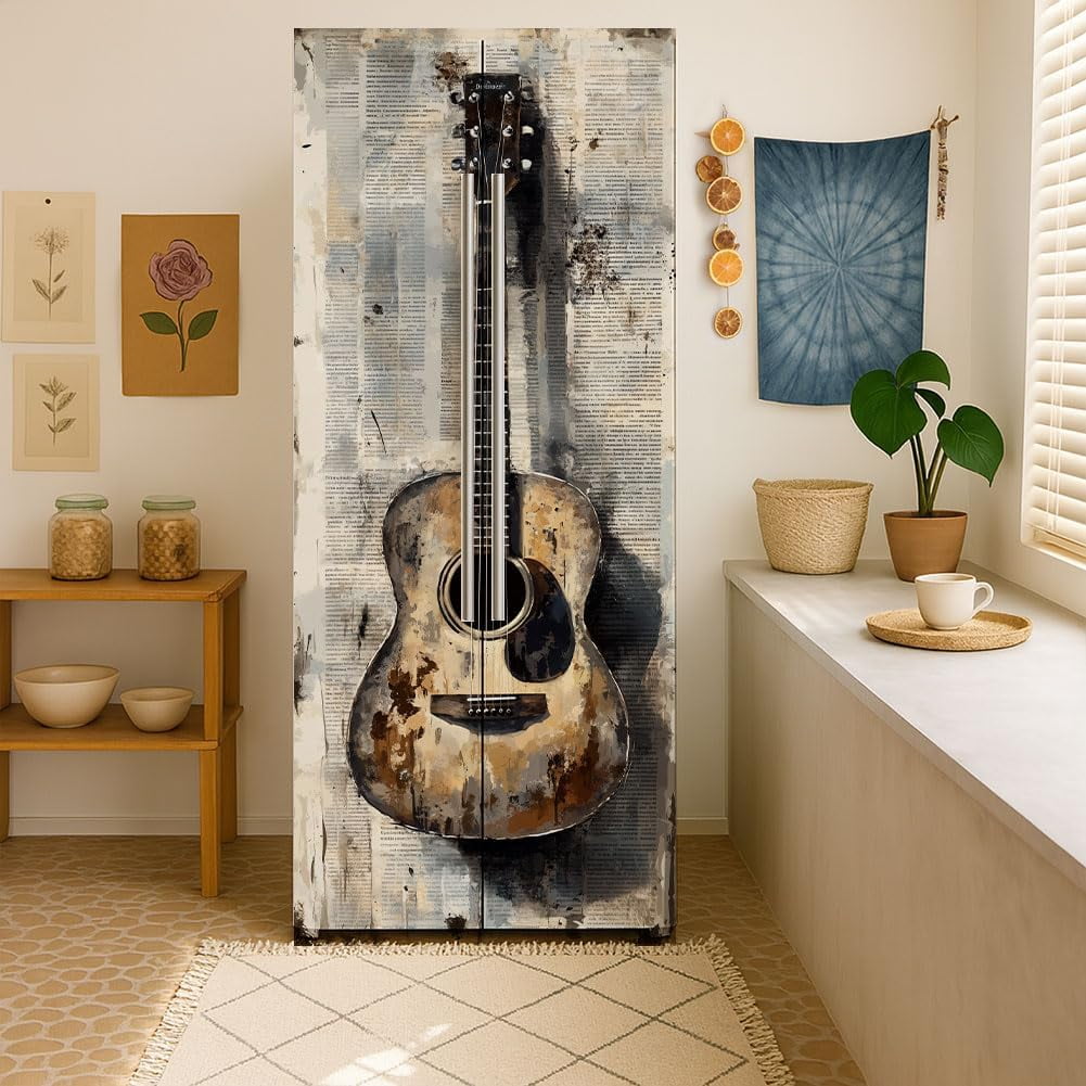 2 Sheet Musical Instrument Removable Refrigerator Wraps Self-Adhesive Fridge Stickers Peel and Stick Vinyl Fridge Decals Sticker
