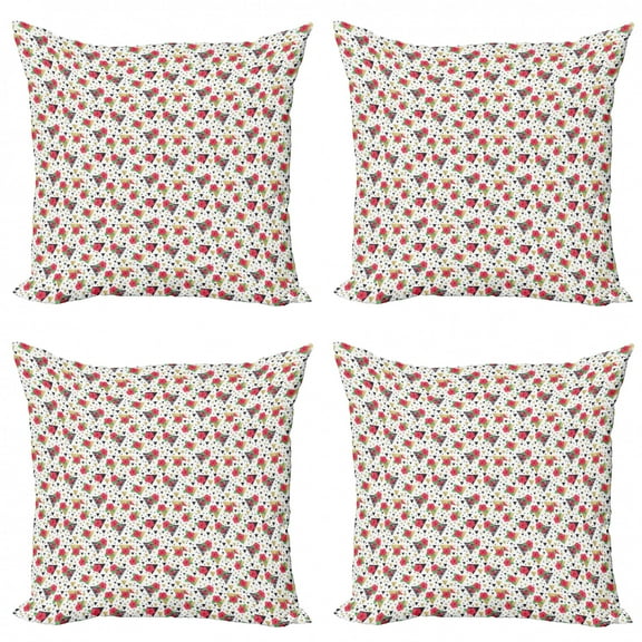 Aloha Throw Pillow Cushion Case Pack of 4, Modern and Colorful Hawaiian Illustration of Triangles Flowers Composition, Modern Accent Double-Sided Print, 4 Sizes, White and Multicolor, by Ambesonne