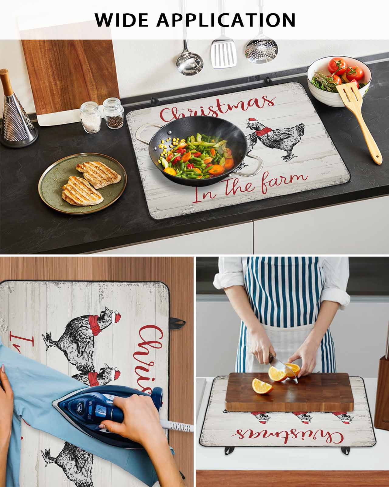 Large Induction Cooktop Protector Mat Christmas Stove Top Covers for Electric Stove, Retro Chicken Farmhouse Wooden Stripes Decorative Stove Burner Cover Mats, Glass Top Stove Cover
