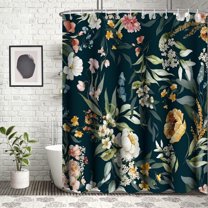 72"x72" Elegant Black Floral Shower Curtain - Vibrant White and Yellow Watercolor Flowers for a Colorful Spring, Waterproof Fabric with Included Hooks