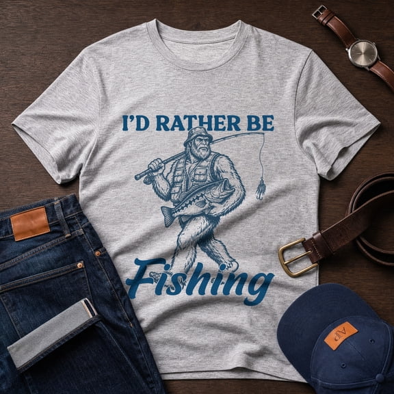 Jollimate Bigfoot I'd Rather Be Fishing T-Shirt, Funny Sasquatch Angler Graphic Tee, Men's Gift