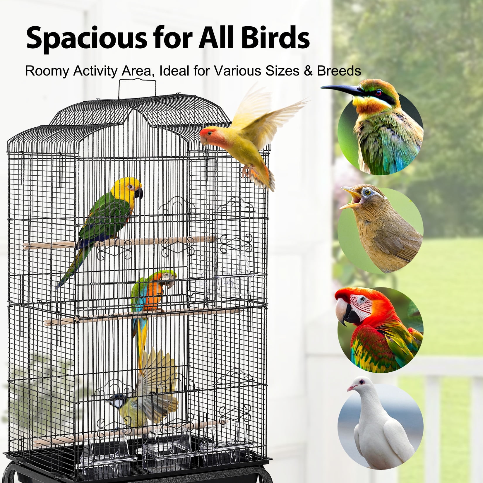 Multi-Level Metal Bird Cage with Storage Shelf & Rolling Stand – 4 Access Doors, Removable Tray, Perches, Food Bowls, Durable, Easy Clean, Detachable Stand – Model 6103H+B2