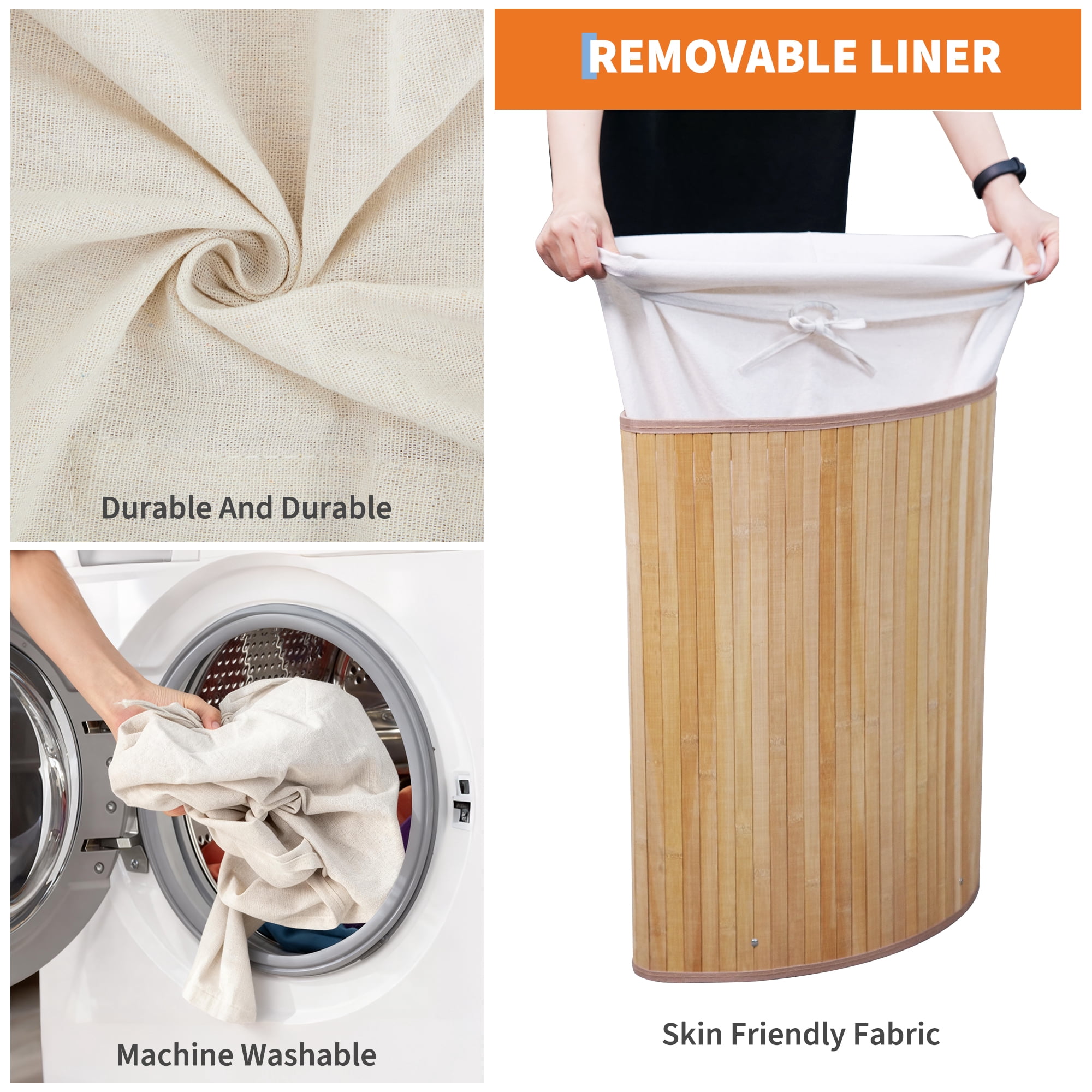 Bamboo Laundry Hamper Large 58L with Removable 3-Section Liner, Foldable Storage Basket with Lid and Handles