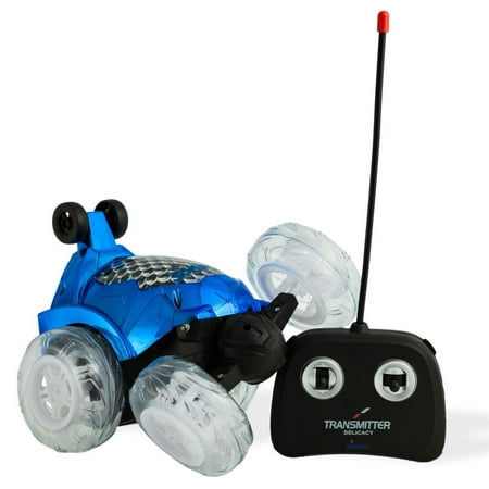 Blue RC Remote Controlled Stunt Car with 360 Front Wheels for Flipping, Spinning and Racing, Lights Up & Music by