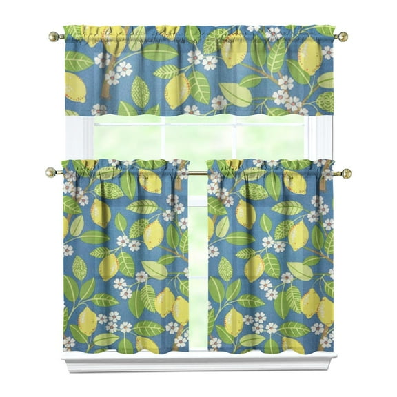 Lemon Kitchen Curtains Set Tier and Valance, Bright Yellow Fruit Print Cute Summer Design, Fresh Floral Retro Vintage Pattern for Modern Lemon Lover Kitchen Decor