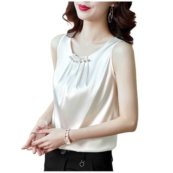 Busydd Tank Top for Women Fashion Satin Sleeveless Women's Tops Casual Comfy Summer Round Neck Pleated Women's Tank Tops L