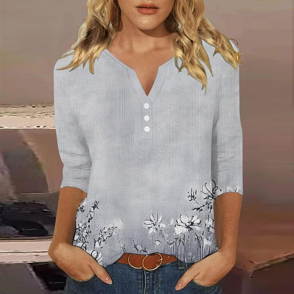 Viluyesy Women's 3/4 Sleeves T-Shirt V-Neck Shirt Tops Relaxed Button Loose Blouse Gray Size 2XL