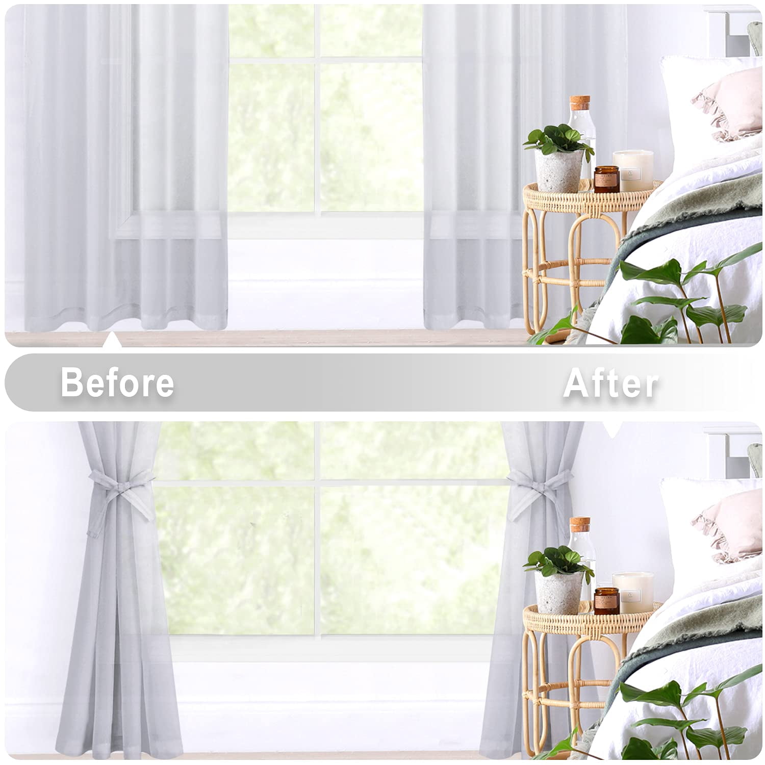Hiasan Grey Sheer Curtains with Tiebacks, Light Filtering Contemporary Window Drapes for Living Room, Bedroom, Grommet, 52" x 63", Set of 2