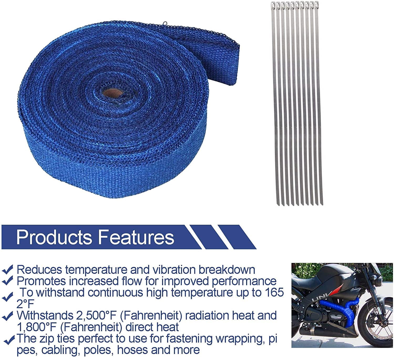 Confote 2" x 50' Exhaust Heat Wrap Roll for Motorcycle Fiberglass Heat Shield Tape with Stainless Ties Blue