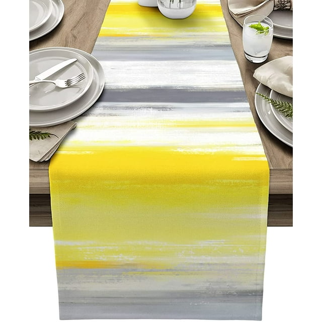 Store Yellow Gray Cotton Linen Table Runner Dresser Scarves,Abstract Ombre Yellow Gray Table Runners for Dinning Table,Farmhouse Kitchen Decor,Holiday Dinner Decoration-13x36 Inch