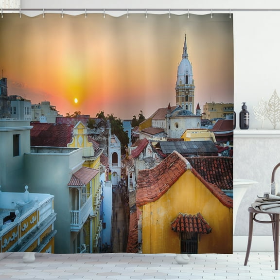 Ambesonne Sunset Shower Curtain, Rooftops Old City Coast, 69"Wx75"L, Multicolor