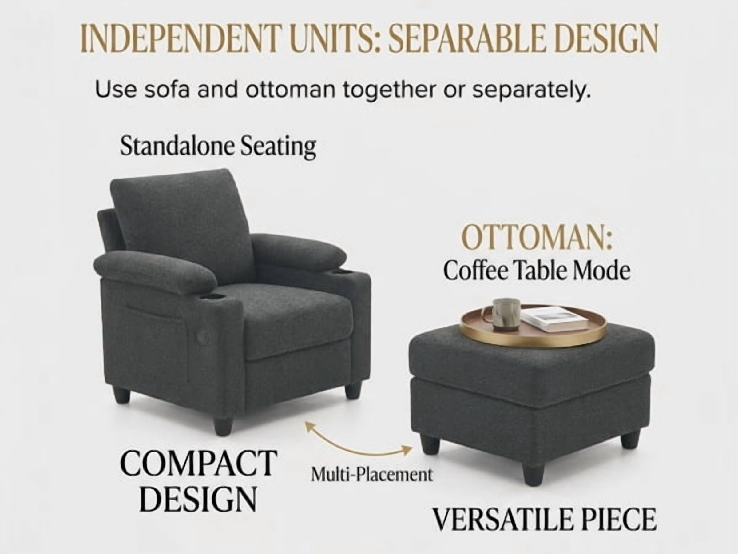 34" Accent Chair and Storage Ottoman Set, Reclining Sleeper Bed with Cupholders and USB-C Ports