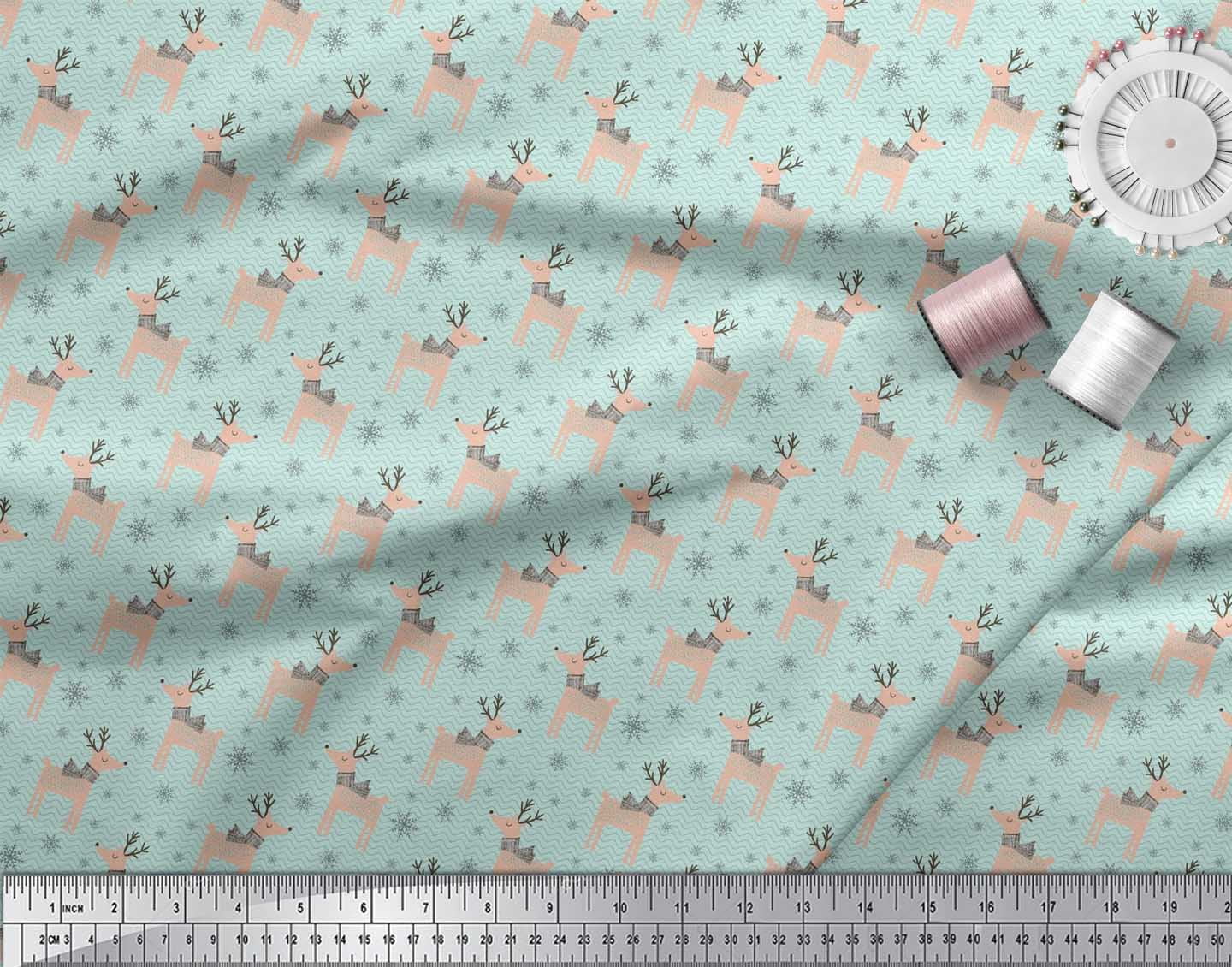 Soimoi Green Cotton Voile Fabric Reindeer & Snowflake Christmas Print Fabric by the Yard 42 Inch Wide