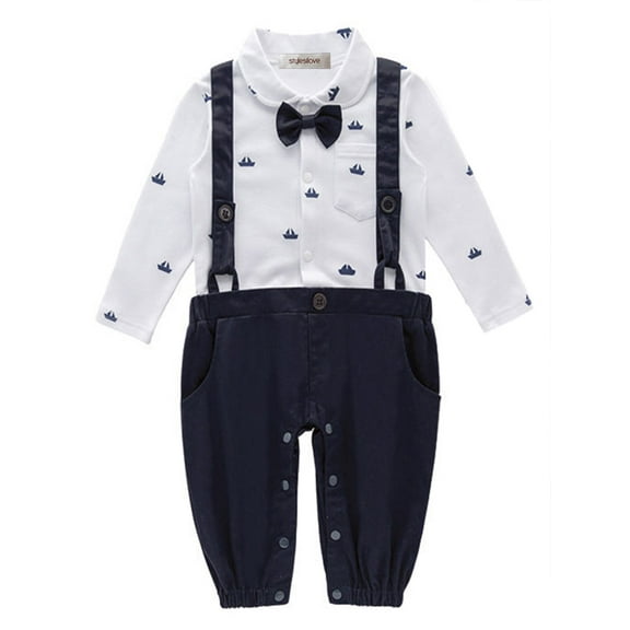 StylesILove Sailor Boat Print Faux Suspender Formal Wear Baby Boy Romper (6-12 Months, Navy Blue)