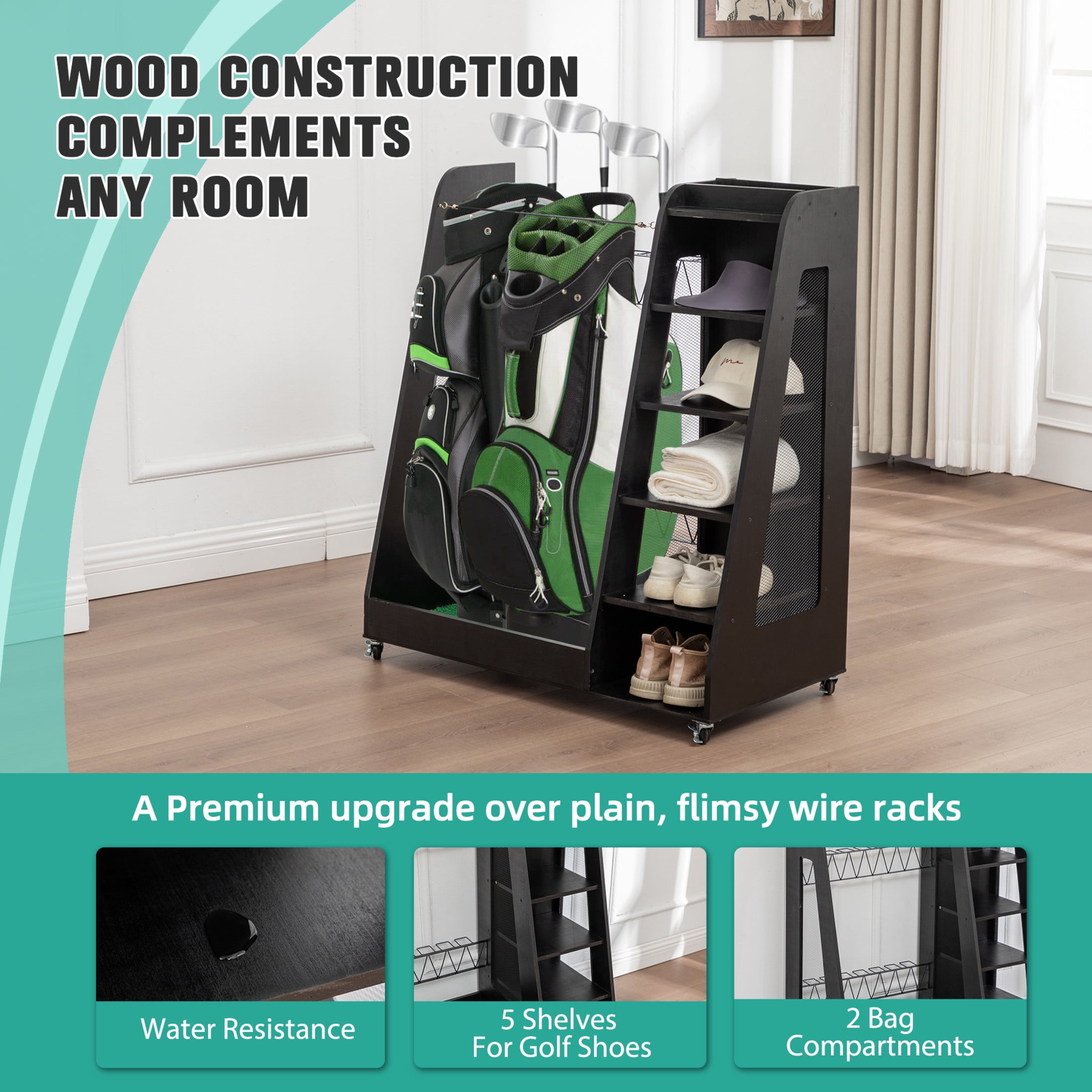 Noble House 35" Mobile Wooden Golf Bag Organizer, Garage Clubs Storage Rack with Lockable Casters, Black
