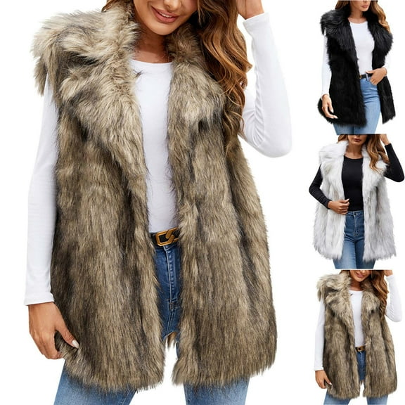 BiZtdJrK Prime By Hour Womens Winter Coats Faux Fur Vest Sleeveless Warm Fuzzy Fluffy Jackets Open Front Parka Cardigans Black XL