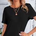 thumbnail image 3 of Camiseta de verano elegante informal de color liso con botones en la espalda y manga corta con dobladillo curvado para mujer, 3 of 6