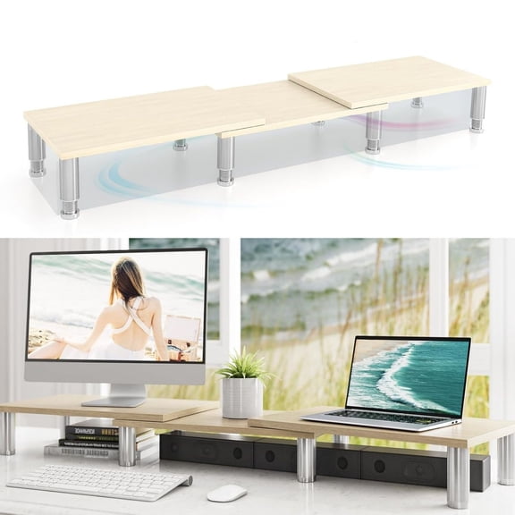 Dual Monitor Riser - Adjustable Length & Angle, Wooden Stand for 2 Monitors with Storage