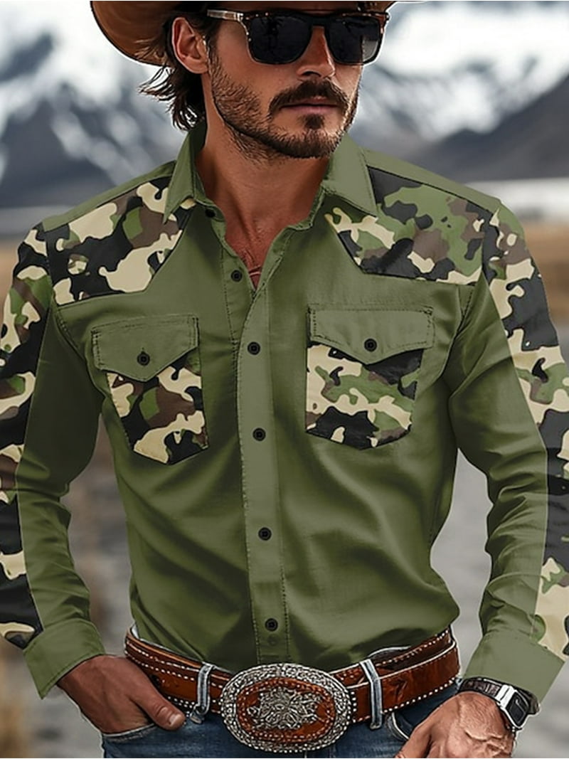 Men's Camouflage Western Shirt Camo Printed Long Sleeve Shirts Casual Button Down Lapel Collar Blouse Western Cowboy Shirt Tops Green L Men's Camouflage Western Shirt Camo Printed Long Sleeve Shirts Casual Button Down Lapel Collar Blouse Western Cowboy Shirt Tops Green L