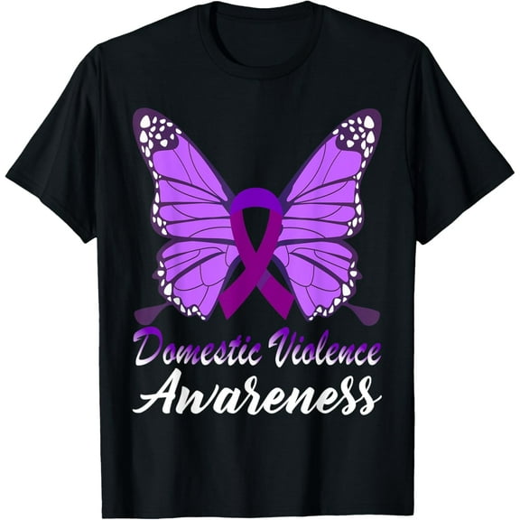 Domestic Violence Awareness Butterfly Purple Ribbon Support T-ShirtMen's and women's gift, black and white T-shirt, size: Extra large S-4XL