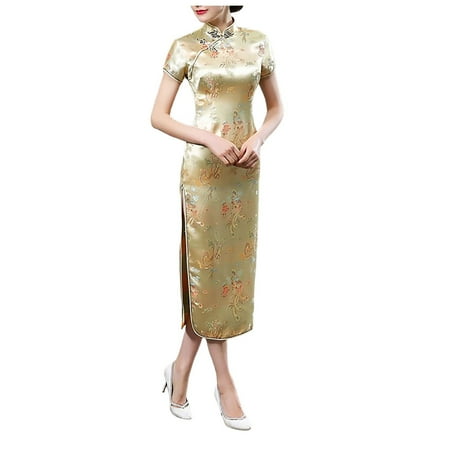 DVKOVI Formal Corset Dress for Women Formal Chinese Cheongsam Women s Short Sleeve Turtle Neck Bodycon Tank Long Party Dress Gold XXXL