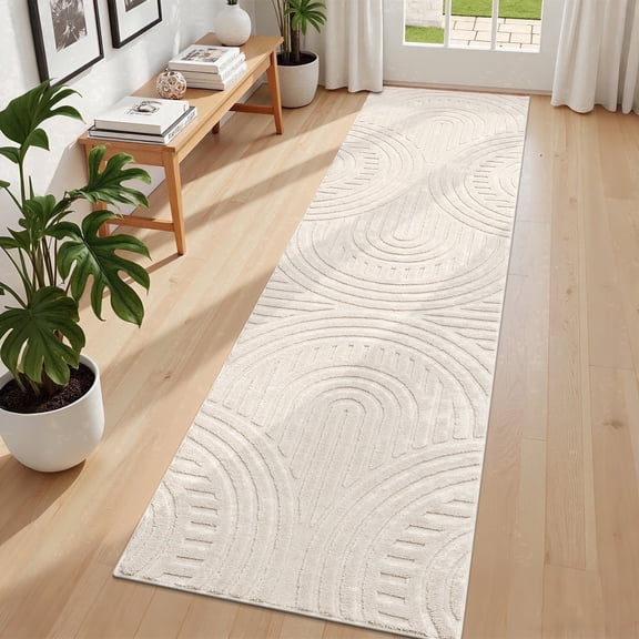 MeyJey 2'x8' Runner Rug for Hallways, Non Slip Modern Jacquard Textured Rugs Soft Geometric Rug for Entryway Bathroom Laundry Dorm, Beige