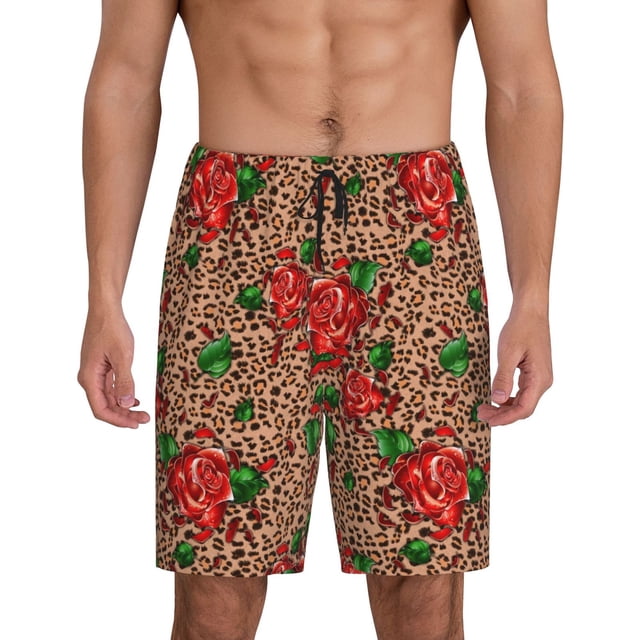 Balery Rose Mix Leopard 1 Pantalones cortos de pijama de punto de algodón para hombre con cinturilla y bolsillos-Large