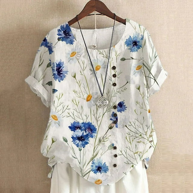 ICHUANYI ClearanceWomen Buttons Short Sleeve Floral Print Buttons Cotton Linen Vintage Top(Blue, M) ICHUANYI WER20232080506524