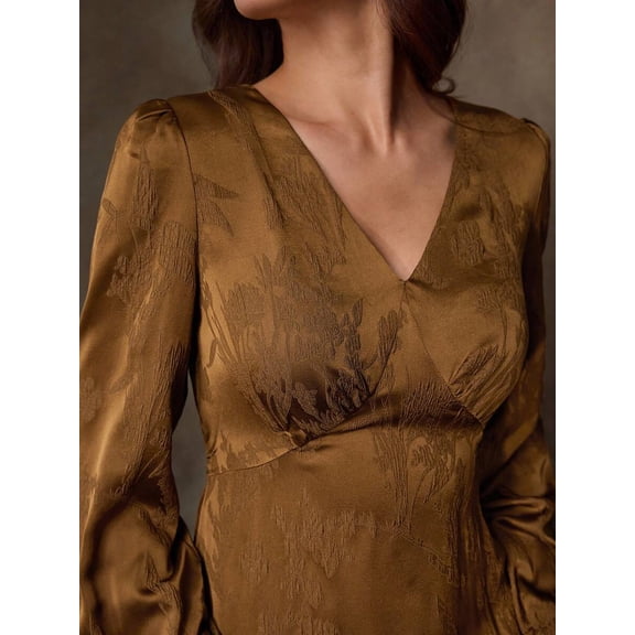 Mocha Brown Satin Jacquard V-Neck Wrap Maxi Dress With Puffed Sleeves