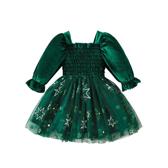 TGPMGRZ Christmas Toddler Girls Smocked Dress Square Neck Velvet Puff Sleeve Embroidered Tulle