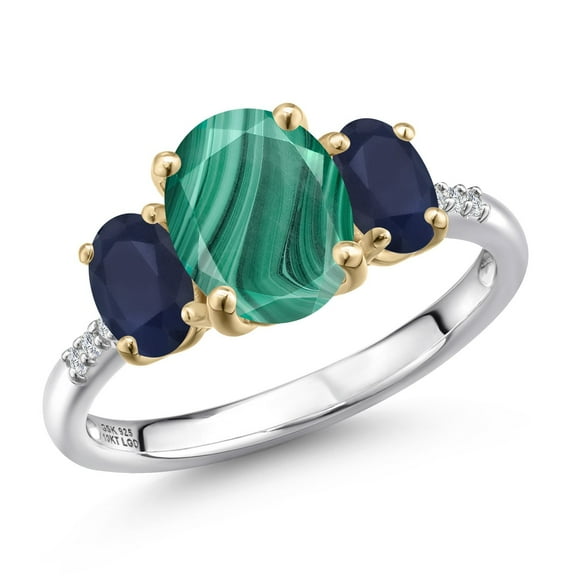 Gem Stone King 925 Silver and 10K Yellow Gold Green Malachite and Blue Sapphire and Lab Grown Diamond Engagement Ring for Women | 3.67 Cttw | Oval 9X7MM | Birthstone | Size 8