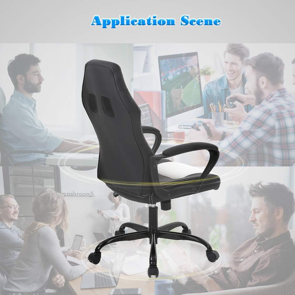 BestOffice Adult PU Leather and Mesh Racing Gaming Chair with Swivel and Lumbar Support, White