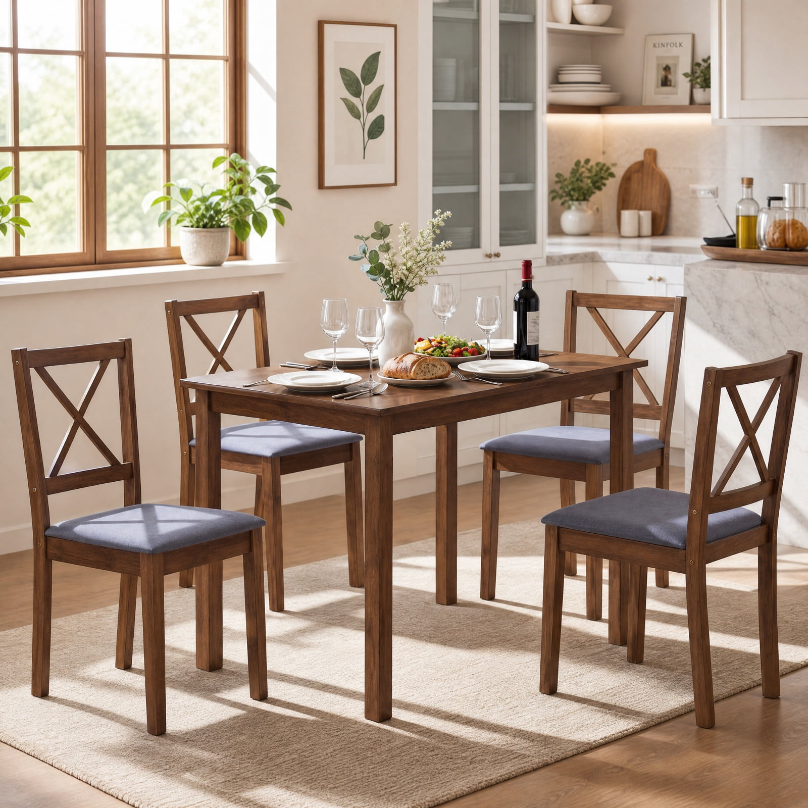 Furnibear 5 Piece Dining Table Set with Rectangular Table and Upholstered Fabric Kitchen Chairs for Dining Room Small Space Seating, Gray