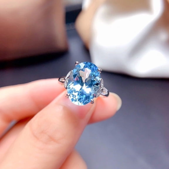 925 Sterling Silver Oval sea Blue Topaz Zircon Diamond Ring Gemstone Birthstone Sapphire Halo Inlaid Adjustable Birthstone Wedding Promise Jewelry